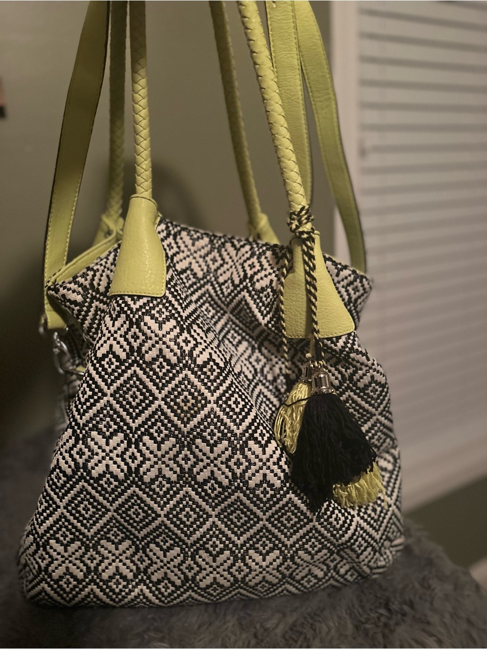 Jessica Simpson Black White Boho Tote Bag Braided Handles Tassel Accent